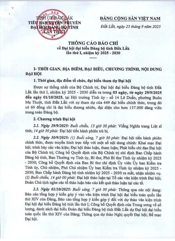 Thông cáo báo chí về Đại hội đại biểu Đảng bộ tỉnh Đắk Lắk lần thứ I, nhiệm kỳ 2025 - 2030
