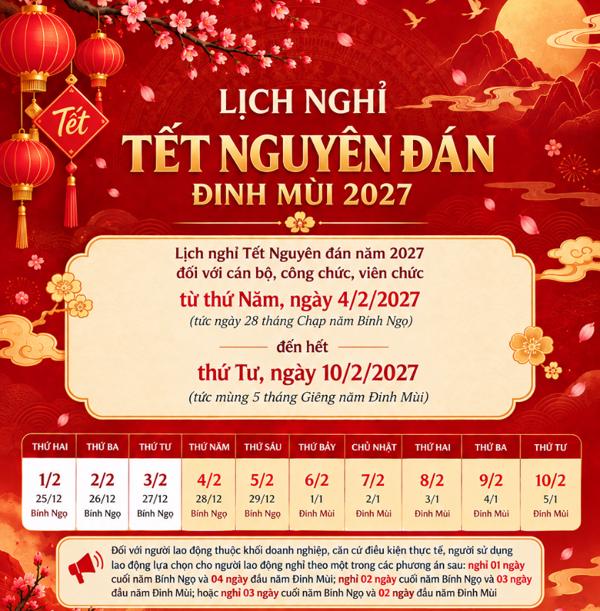 Đắk Lắk Thông báo lịch nghỉ Tết Âm lịch và nghỉ lễ Quốc Khánh năm 2027